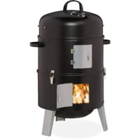 Relaxdays Affumicatore Verticale 3in1, Grigliare, Affumicare & Cuocere, Termometro & Cappa, Barbecue Smoker,∅ 40 cm,Nero