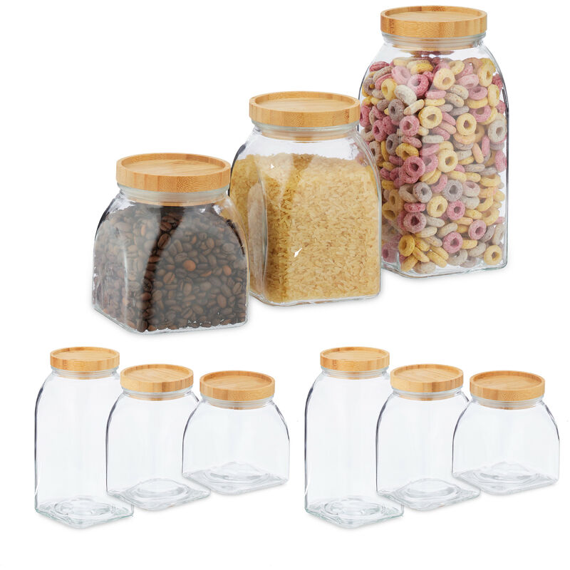Botes Cristal, Set de 9, 600, 1000, 1400 ml, Cereales, Pasta, Legumbres,  Tapa de Bambú, Transparente/Natural