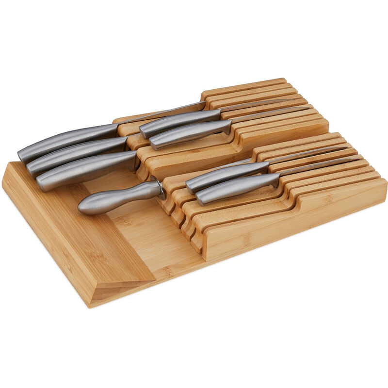 Organizador de cajones de cuchillos 100% bambú de alta calidad, 16 ranuras  para cuchillos más una ranura para afilador, organizador de cuchillos para