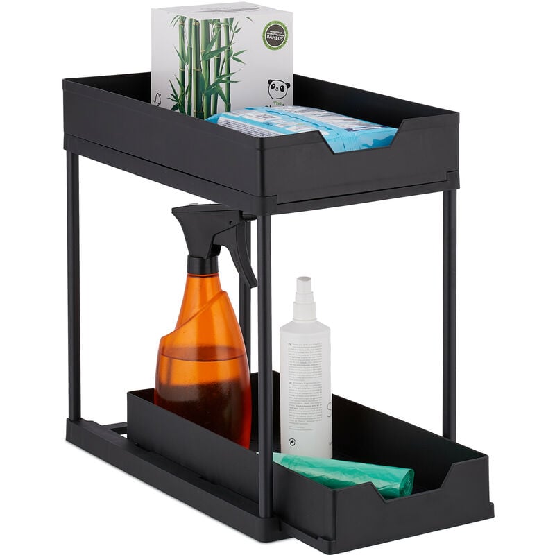  Organizador para debajo del fregadero, estante de cocina  extensible para debajo del fregadero, estante de almacenamiento multiusos  para debajo del fregadero, para cocina, baño (color negro con cesta,  tamaño: estilo E) 