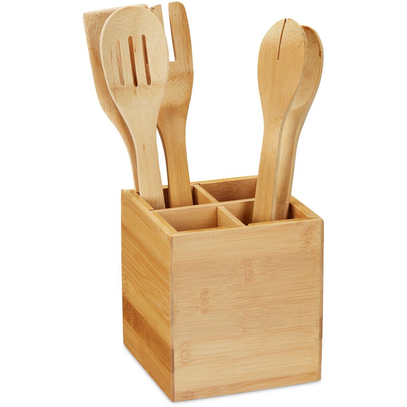 Soporte para utensilios de cocina para encimera con 4 compartimentos,  organizador de utensilios de cocina con asas, soporte de utensilios de  madera