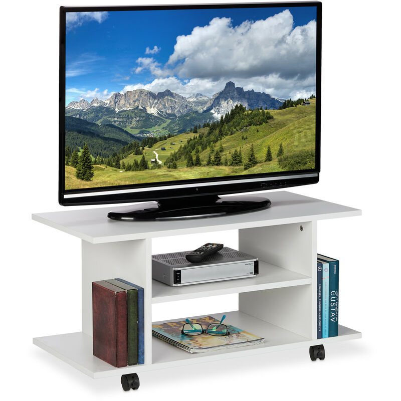 Relaxdays Mueble Tv ruedas 4 compartimentos abiertos mesa tablero de 40 x 80