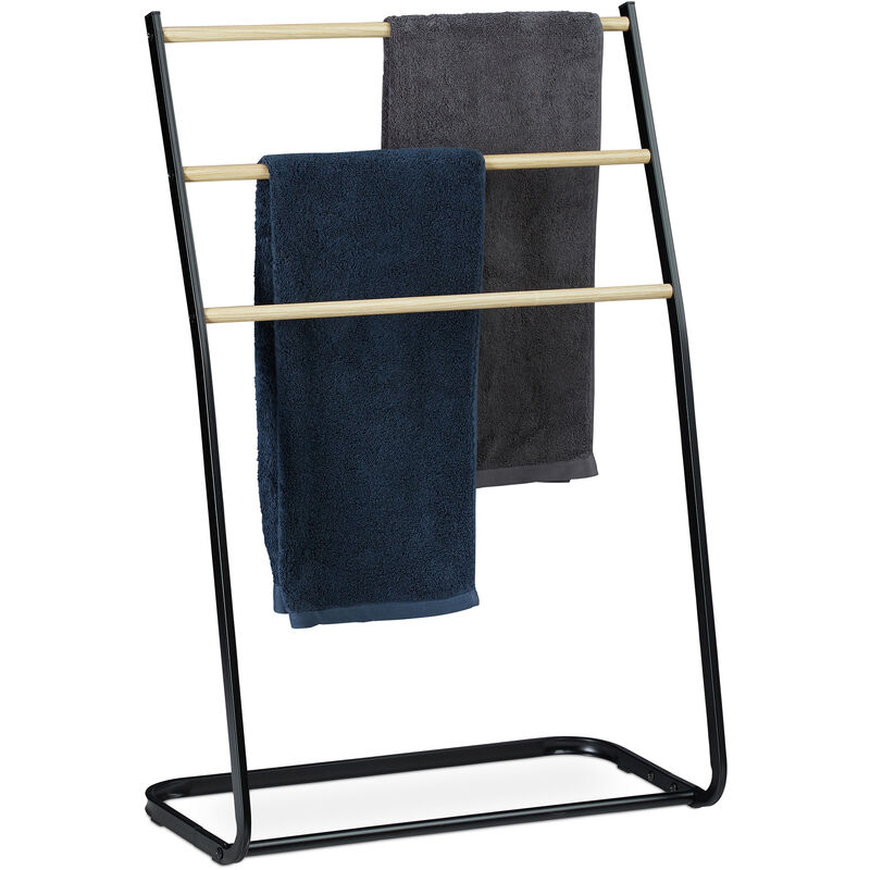 Relaxdays Toallero de Pie para Baño, 3 Barras Efecto Madera, Soporte Toallas y Ropa, Hierro, 1 Ud., 86x58x30 cm, Negro