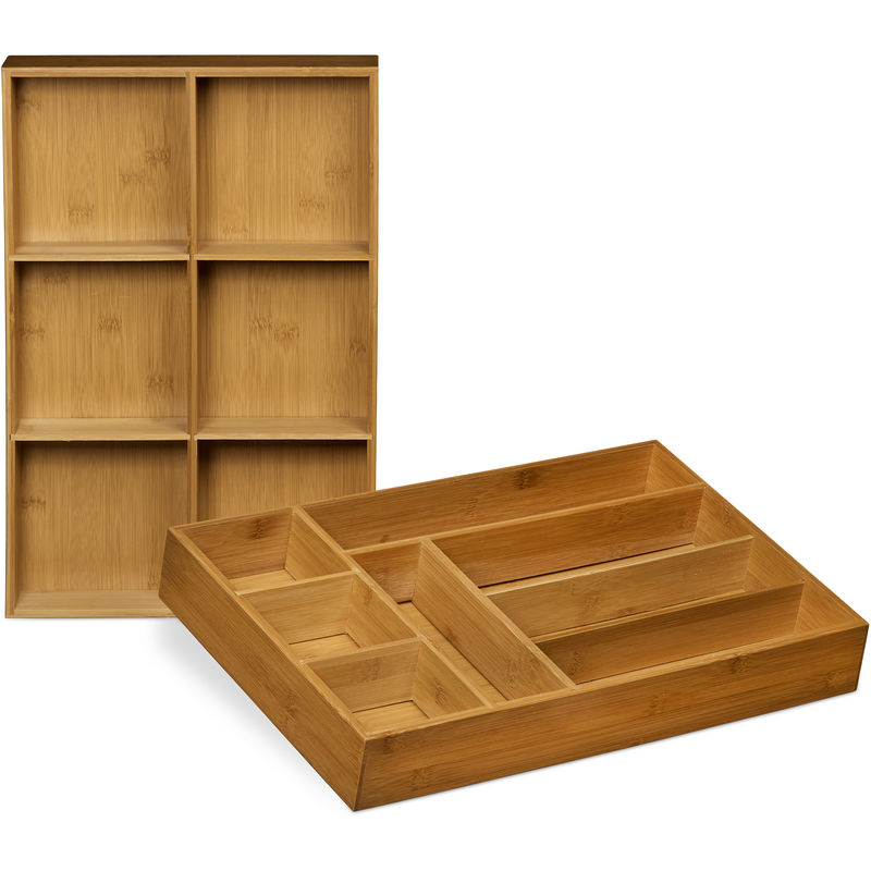 Cubertero, organizador de cubiertos de bambú extensible 5 a 7  compartimentos, 46 x 43 x 5 cm. Bandeja, porta utensilios de mader