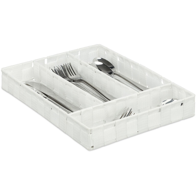 Tradineur - Bandeja cubertero de plástico, de color blanco, de 4,5 x 26,5 x  33,5 cm, Recipiente para ordenación y almacenamiento
