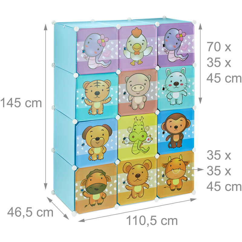 Relaxdays Armario Modular Infantil, 8 Compartimentos, Puertas, Estampado  Animales, Estantería Niños, 145x109x37 cm, Azul