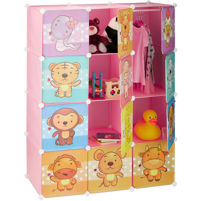 Relaxdays Estantería Infantil Modular con Animales, Rosa, 145 x 110,5 x 46.5 cm