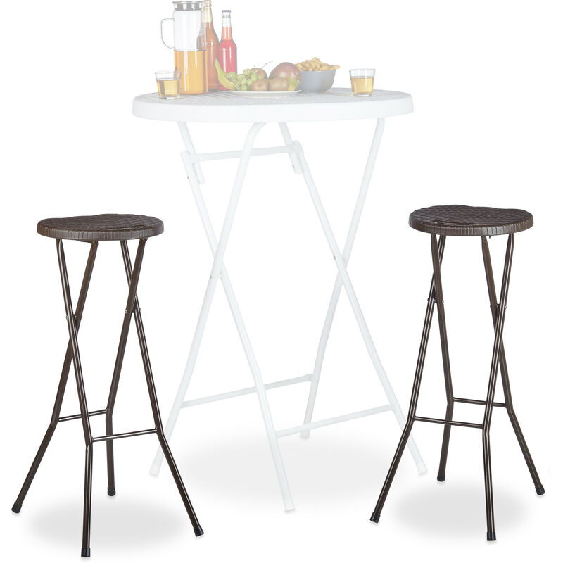 Relaxdays Taburete bar BASTIAN plegable, set de 2, resistente intemperie, 80 cm, silla de bar, plástico, barra, marrón