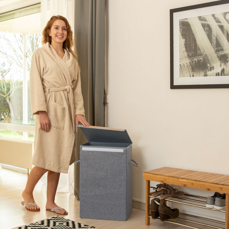 Relaxdays - Cesto De Ropa Sucia Plegable De Bambú Y Tela - 58 Litros De Capacidad, Con Tapa - 62.5x43x42 Cm - Color Gris Y Natural