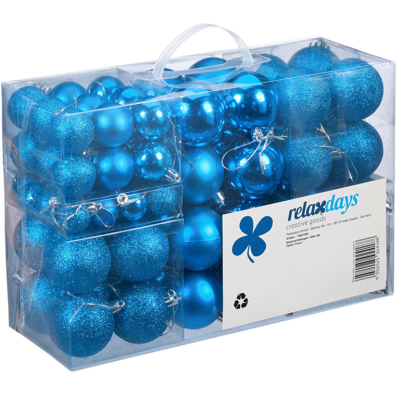 Relaxdays Set de 100 bolas de Navidad, Decoración navideña, Mate, Brillante, Árbol de navidad, ∅ 3,4&6 cm, Azul Petróleo