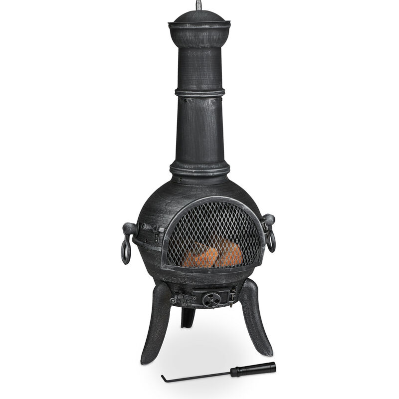 Relaxdays Chimenea Exterior, Estufa Terraza, Atizador, Hierro Fundido, Protección Antichispas, 112x46x48 cm, Plateado