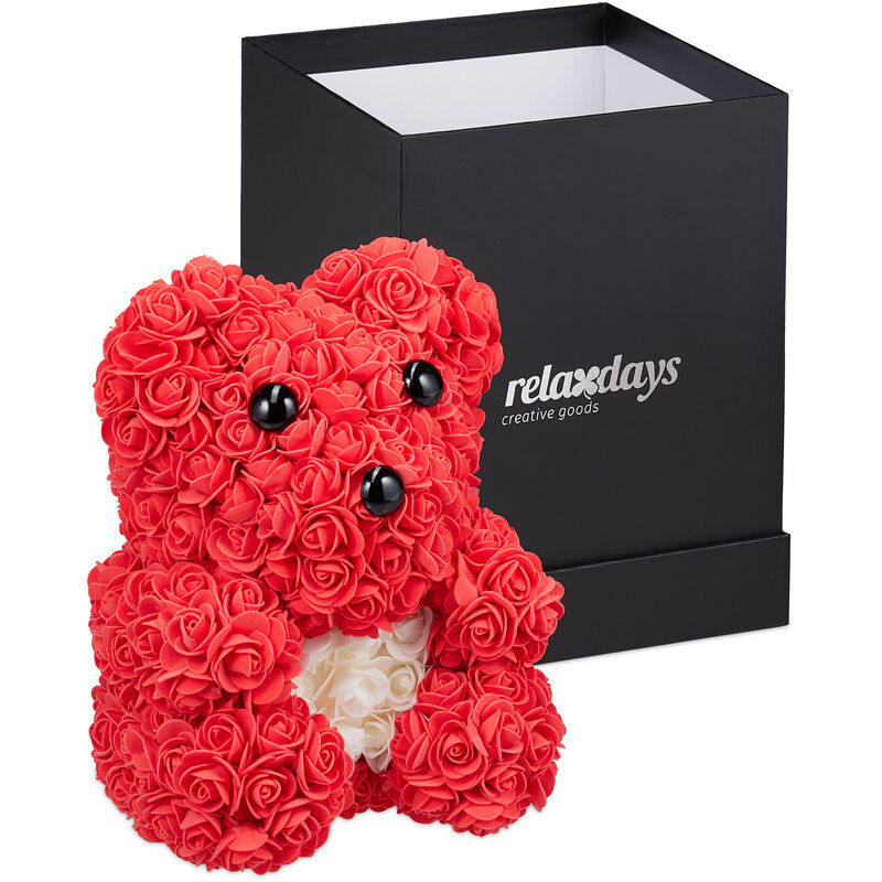 Relaxdays Oso De rosas con san regalos mujer originales caja 300 flores espuma suave rojo y blanco 1