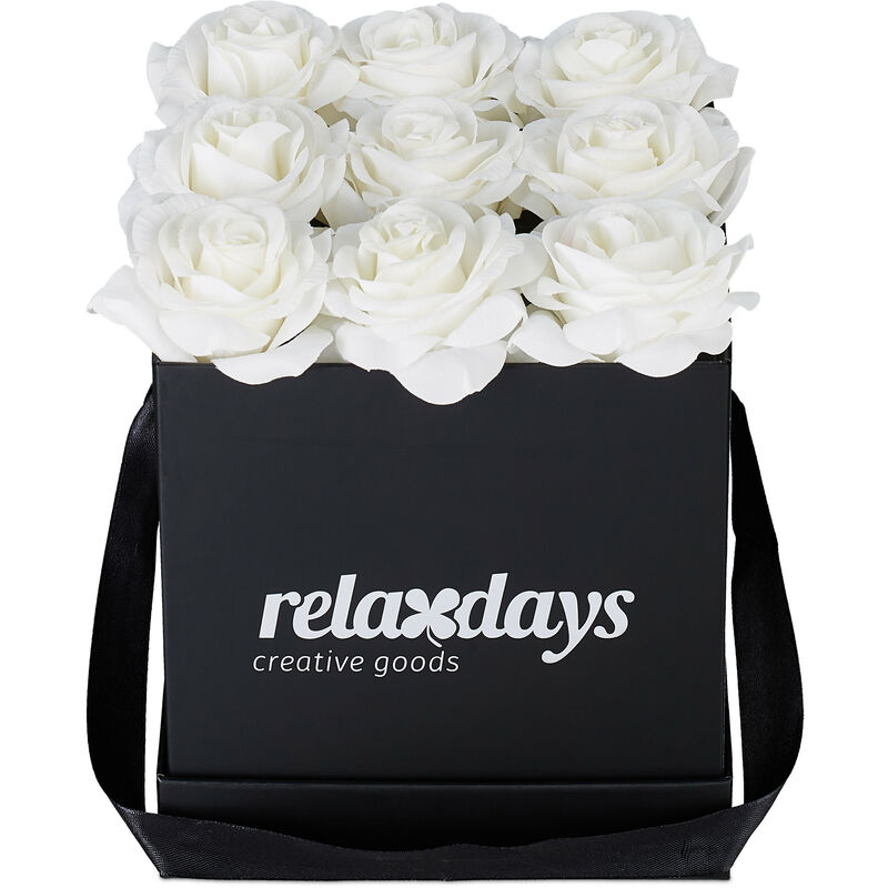 Relaxdays Rosas Artificiales duraderas caja negra regalo san valentín 9 flores para de la madre blanco