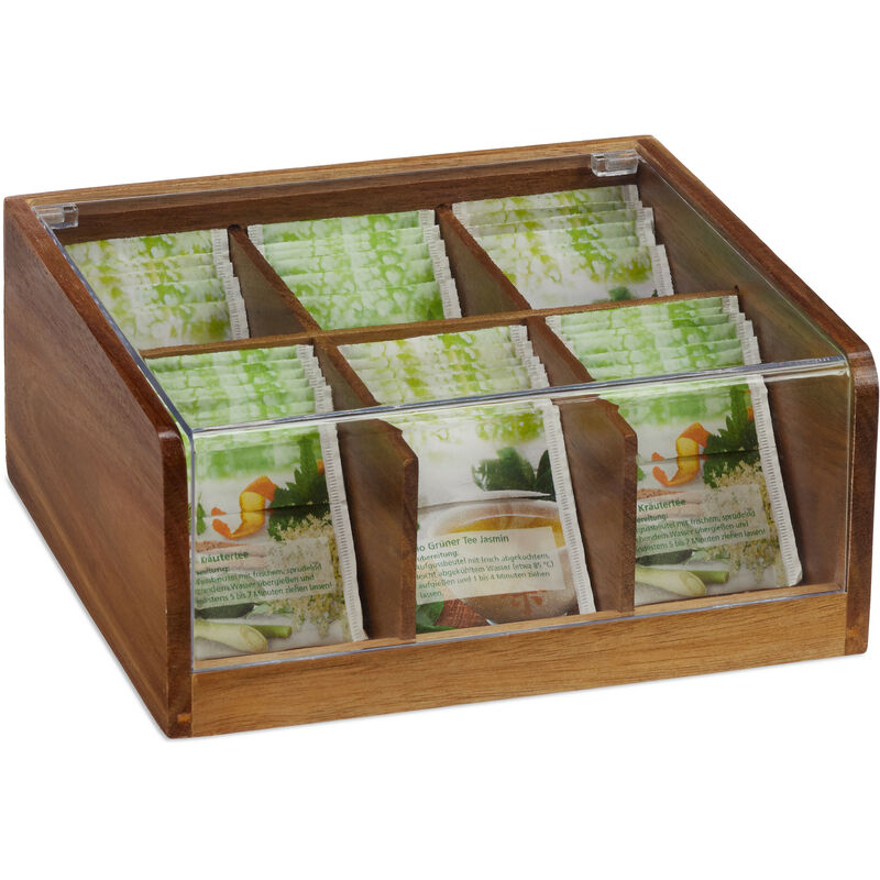 Relaxdays Caja Té, 12 Compartimentos, Madera, Organizador de Bolsas Té,  Cajita Infusiones 7,5x29x26 cm, Marrón Oscuro : : Hogar y cocina