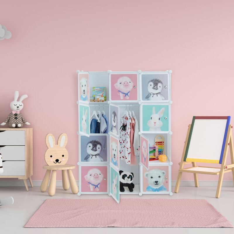 Relaxdays Armario Modular Infantil, 2 Rieles Ropa, Puertas con Animales,  145x110x37 cm, DIY, Estantería Cubos, Blanco