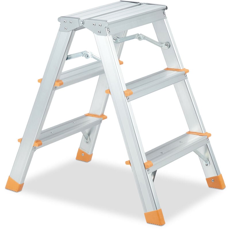 Relaxdays Escalera Plegable, 3 Peldaños, Escalerita, Estribo de Sujeción,  hasta 150 kg, Antideslizante, Acero, Blanca