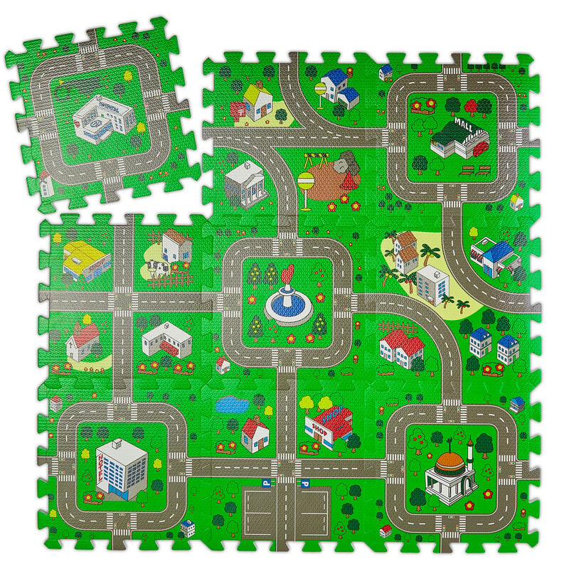 Relaxdays Alfombra Puzzle Ciudad, Alfombrilla Juego 9 Piezas, Niños y Bebés, Goma EVA, sin Tóxicos, 90x90 cm, Multicolor