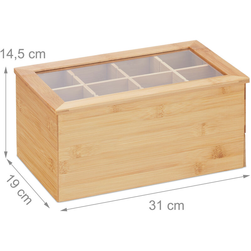 Relaxdays Caja Té, 6 Compartimentos, Organizador Infusiones, Bambú,  Acrílico, con Ventanilla, 9 x 43,5 x