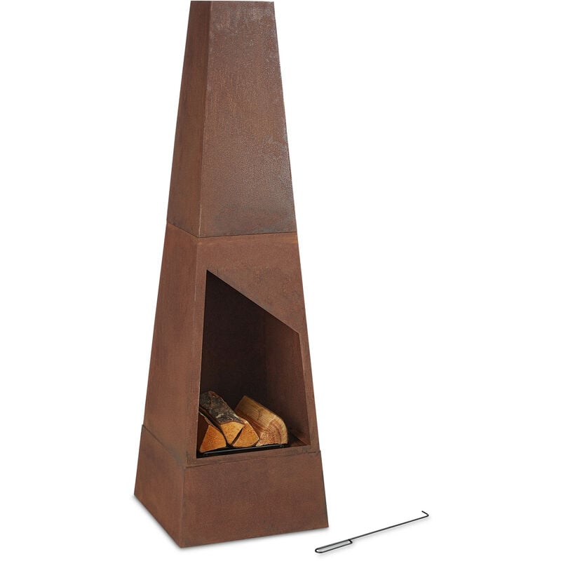 Relaxdays Chimenea Exterior Acero Corten, Caja Cenizas, Rejilla, Atizador, Brasero Jardín Oxidado, 149x45x45 cm, Marrón