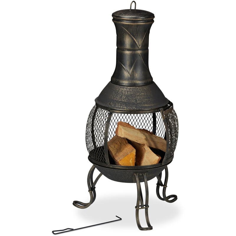 Relaxdays Chimenea Exterior, Acero y Hierro Fundido, 88x36 cm, Brasero Jardín, Salvachispas y Atizador, Negro y Dorado