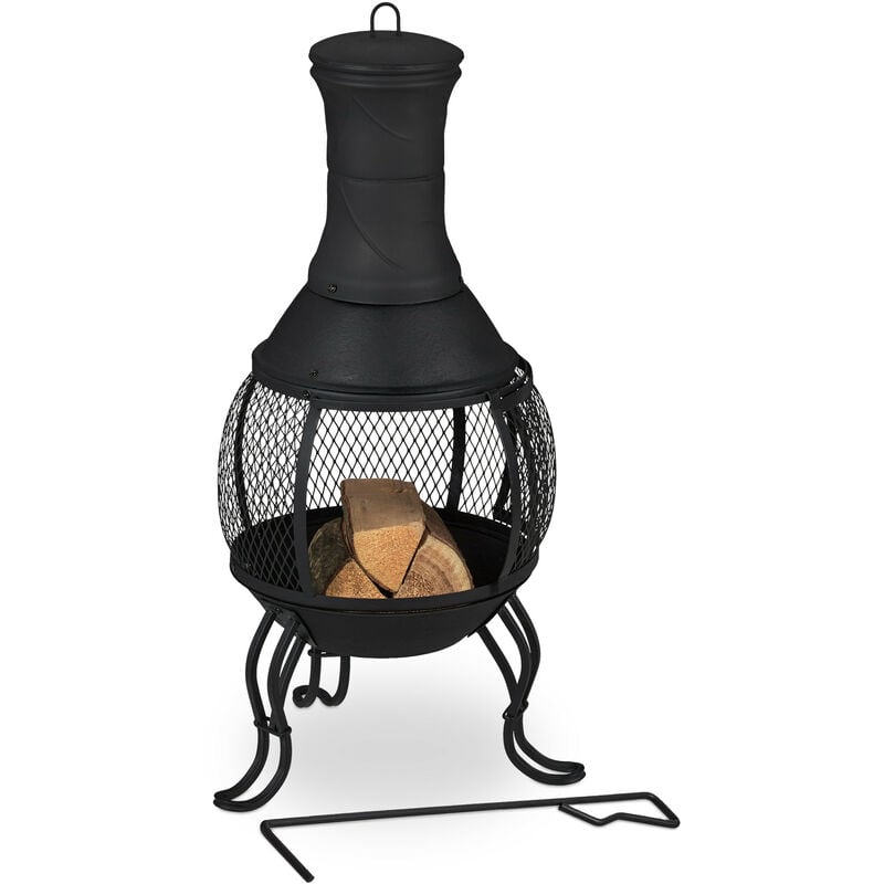 Relaxdays Chimenea Exterior, Calentador Acero y Hierro Fundido, 88x36 cm, Brasero Jardín, Salvachispas y Atizador, Negro