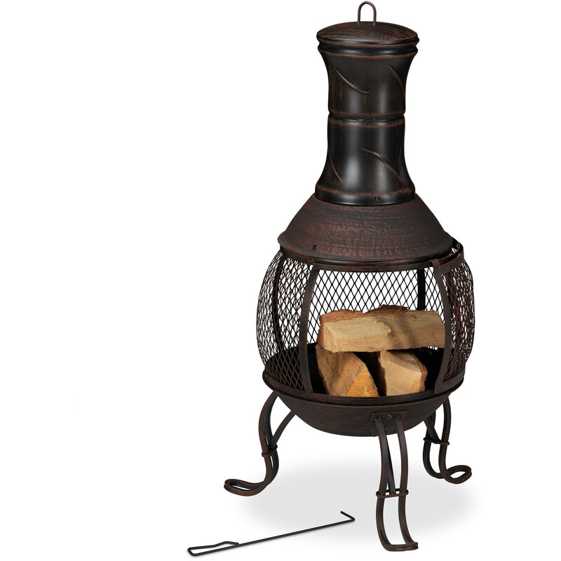 Relaxdays Chimenea Exterior, Acero y Hierro Fundido, 88x36 cm, Brasero Jardín, Salvachispas y Atizador, Bronce Rojizo