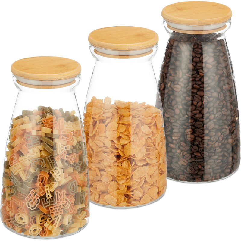 Botes Cristal, Set de 15, 600, 1000, 1400 ml, Cereales, Pasta, Legumbres,  Tapa de Bambú, Transparente/