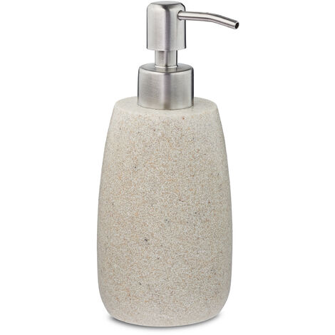 Relaxdays Dispensador Jabón, Jabonera 300 ml, Redondo, Rellenable, Baño, Cocina, Dosificador Loción, Polirresina, Arena