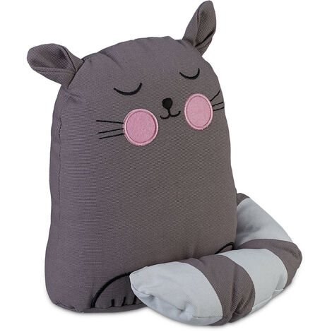 Relaxdays Tope Puertas Gato, Sujetapuertas Infantil, Tela Suave, Relleno Arena, Pesado, Decorativo, 22x20x15,5 cm, Gris (1/5)
