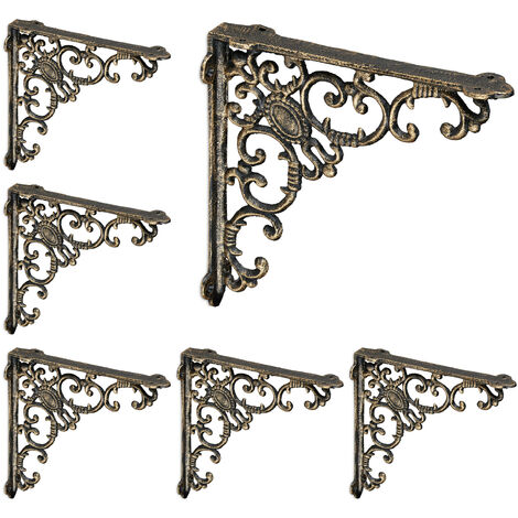 6 Escuadras Estantería Retro, Hierro Fundido, Estilo Barroco, Soportes Repisas, Envejecidas, Color bronce