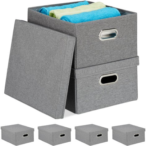 Set de 6 Cajas de Almacenaje con Tapa, Cestas Organizadoras, Tela, 25 L,  20,5 x 34,5 x 42 cm, Color gris