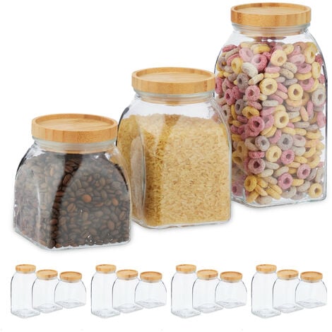 Botes Cristal, Set de 15, 600, 1000, 1400 ml, Cereales, Pasta, Legumbres,  Tapa de Bambú, Transparente/