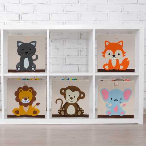 Relaxdays Caja Infantil Almacenar Juguetes Diseño Elefante, Cesta Plegable,  para Cuarto Niños 33x33x33 cm, Beige/Azul