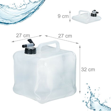 Relaxdays Pack 4 Bidones Plegables, Garrafas Agua Cuadradas, Grifo y Asa,  Volumen 20 L, sin BPA, Transparente y Negro