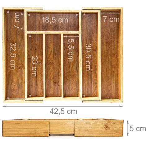 Relaxdays Cubertero, Bambú, Extensible, Bandeja de cubiertos para cajón,  Separador cajones, 5x55x44,5 cm, marrón natural
