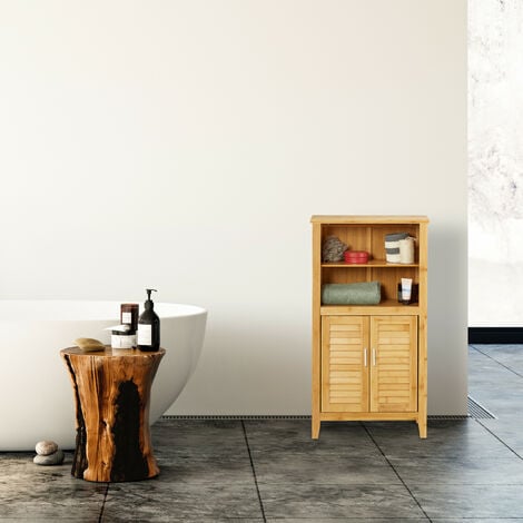 Relaxdays armario baño de bambú, Auxiliar de pared 2 puertas, Espejo  grande, Sin montaje, HxLxP: 50x65x14 cm, natural