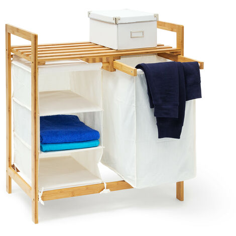 Relaxdays - cesto para la colada de bambú, estante y 3 compartimentos, aprox. 40 L, de tela blanca, 77 x 69,5 x 36 cm