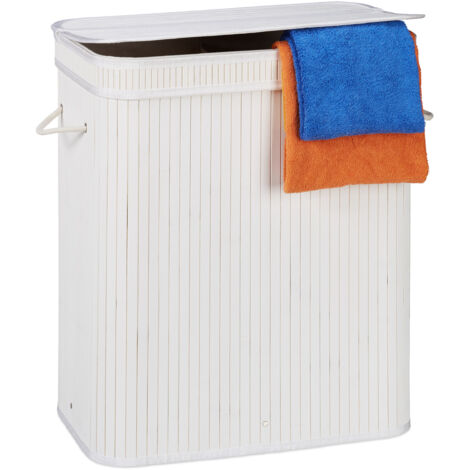 2 x Cestos Ropa Sucia Rectangulares con 2 Compartimentos, Cubo Colada, Canasta con Tapa, Bambú, 95 L, Blanco