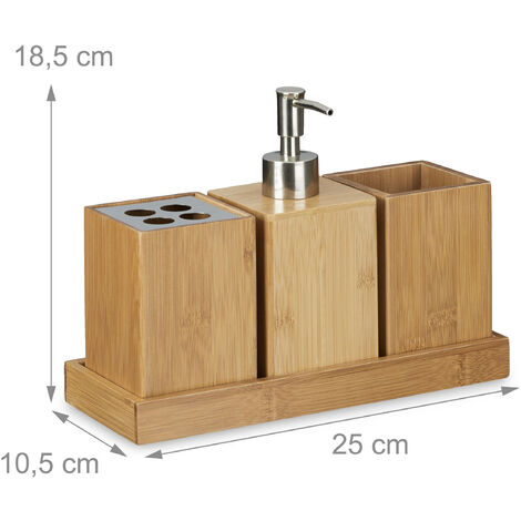 Set de 4 piezas para el cuarto de baño, bambú, 18.5x25x10.5cm, Soporte cepillo de dientes, dispensador jabón, natural