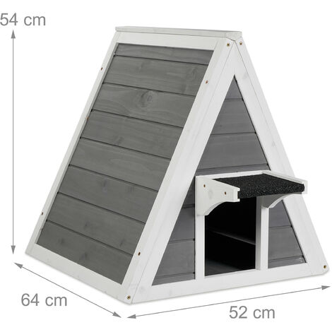 Relaxdays Casa Gatos, Casita Mascotas Madera, para Exterior, 54 x 52 x 64 cm, 2 Entradas, Techo Puntiagudo, Gris/Blanco