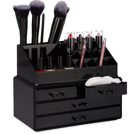 2 Organizadores Maquillaje de 4 Cajones, Fibra Acrílica, Negro, 19 x 23.5 x 14 cm