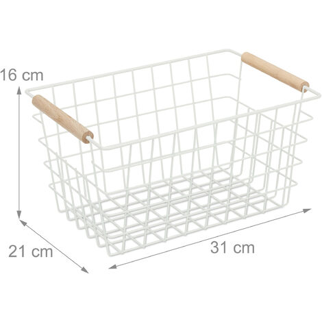 1 Cesta Metálica Rejilla Alambre con Asas Madera, Canasto Almacenaje  Rectangular, 16x31x21cm, Blanco