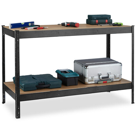 Relaxdays Mesa de Trabajo, 600 kg, Banco Taller, 91 x 141 x 61 cm, 2 Niveles Regulables, Estante de Acero y MDF, Negro