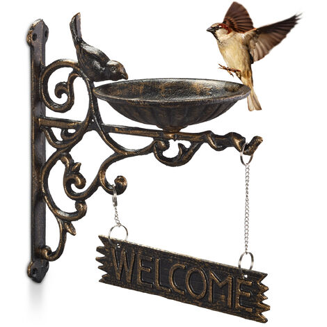 Relaxdays bebedero de hierro fundido 'WELCOME', decoración de jardín vintage para pared, cuenco bronce para aves
