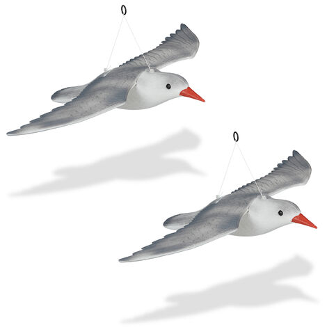 Set de 2 Gaviotas Espantapájaros, Ahuyentador Palomas Colgante Decorativo, Anillo y Cuerda, Jardín y Balcón, Blanco/Gris