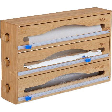 Relaxdays Dispensador Film 3 en 1, para Pared o Cajón, 23,5 x 39 x 9 cm, Bambú, Cortador Papeles para Cocinar, Natural (1/5)
