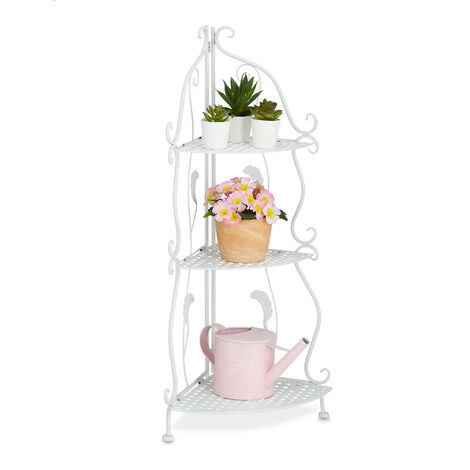 Relaxdays Estantería Esquinera 3 Baldas, Librería Metal, 82,5 x 30 x 30 cm, Plantas y Flores, Estilo Vintage, Blanco (1/5)