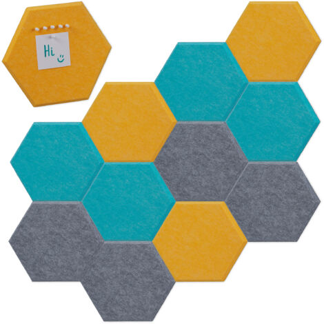 Relaxdays prikbord vilt, set van 6, hexagon, zelfklevend, bureau, HxBxD: 26x30x0,9 cm, notitiebord incl. punaises, geel
