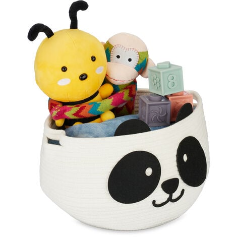Relaxdays Cesta Infantil de Algodón, Diseño de Panda, Organizador Juguetes,  Ropa o Pañales, 24,5 x 35 cm, Blanco y Negro