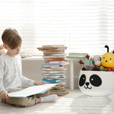 Relaxdays Cesta Infantil de Algodón, Diseño de Panda, Organizador Juguetes,  Ropa o Pañales, 24,5 x 35 cm, Blanco y Negro